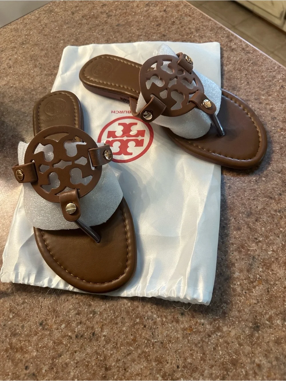 Women's Brown Logo Cutout Slide Sandals - Leather Slip-On